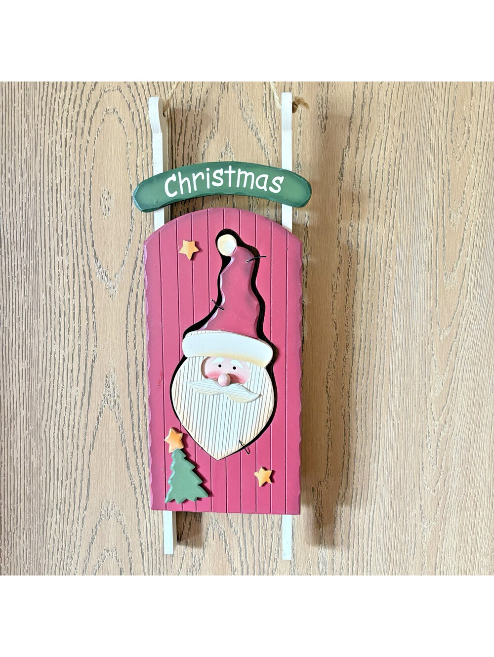 Handcrafted Wooden Santa In Christmas Sled Wall Hanging 17”x6” Rustic Decor 2009